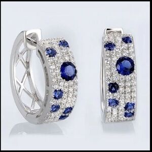 Gorgeous Sparkly White Gold Filled Blue Sapphire Diamond PolkaDot C Hoop Earring